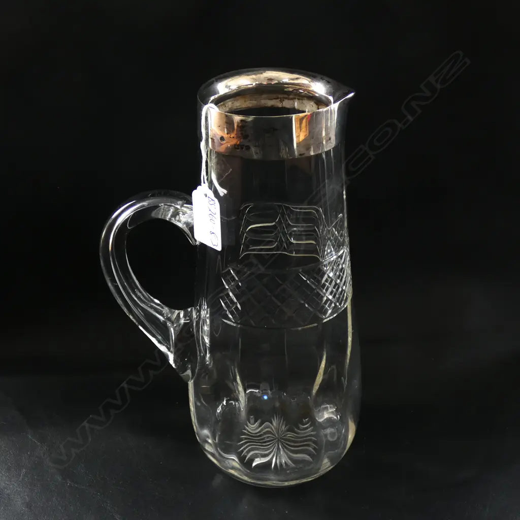CUT CRYSTAL WATER JUG WITH STERLING SILVER COLLAR Image 1++