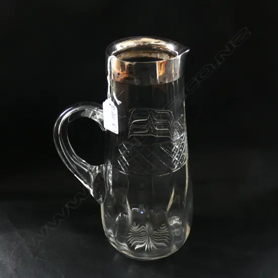 CUT CRYSTAL WATER JUG WITH STERLING SILVER COLLAR