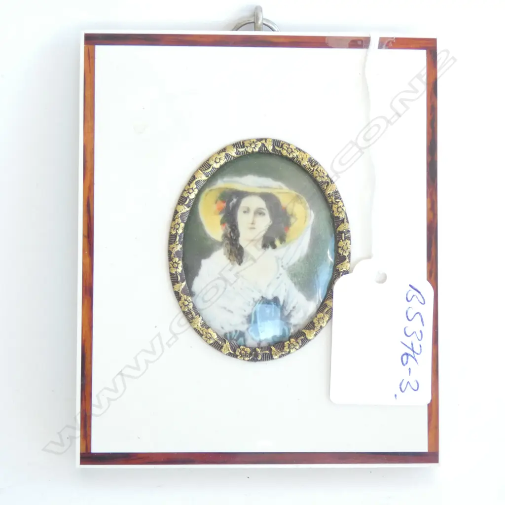 VINTAGE PORTRAIT MINIATURE WOMAN YELLOW HAT Image 1++
