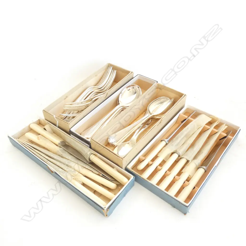 WALKER & HALL SILVER PLATED 6 PLACE. 36 PIECE CUTLERY SET with 'BONE' HANDLED KNIVES Image 1++