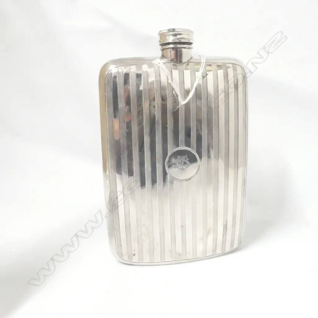 LG OLD STEWART DAWSON SILVER PLATE ENGRAVED HIP FLASK H. 205MM Image 1++
