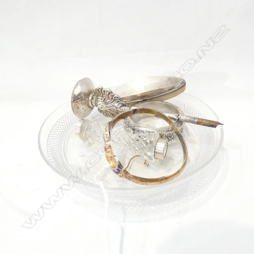 GLASS DISH W STG SILVER NAPKIN RING ETC & GOLD BRACELET  - ALL A/F Image 1++