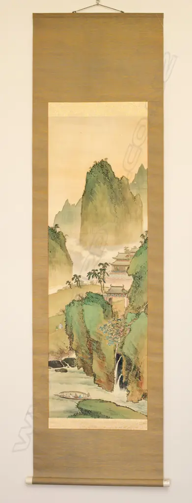 SCROLL PAINTING FIGURES AND TEMPLES IN A MOUNTAINOUS LANDSCAPE ... Image 1++