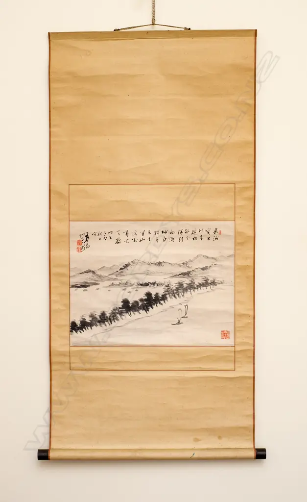 INK PAINTING OF LANDSCAPE, WITH CALLIGRAPHIC INSCRIPTION AND RED SEAL STAMPS... Image 1++