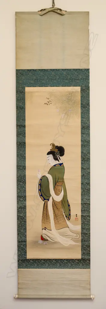 SCROLL DEPICTING A WOMAN ADMIRING A SINGLE CHERRY BLOSSOM ... Image 1++