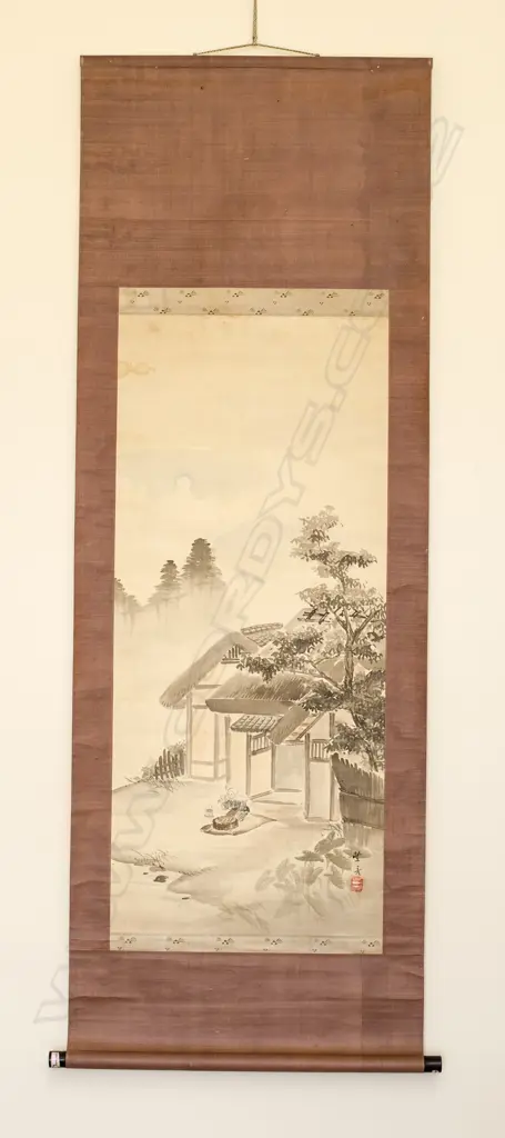 SCROLL PAINTING OF A FIGURE SEATED BEFORE A TEA HOUSE... Image 1++
