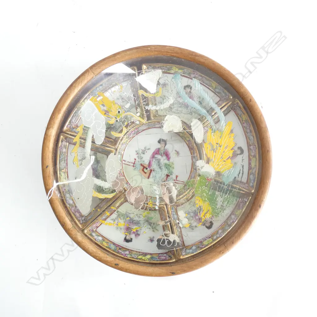 QIANLONG STYLE 7 SECTION WOOD FRAMED FRUIT TRAY w WOOD & GLASS LID DIA 290MM FOOTED ROTATING BASE Image 1++