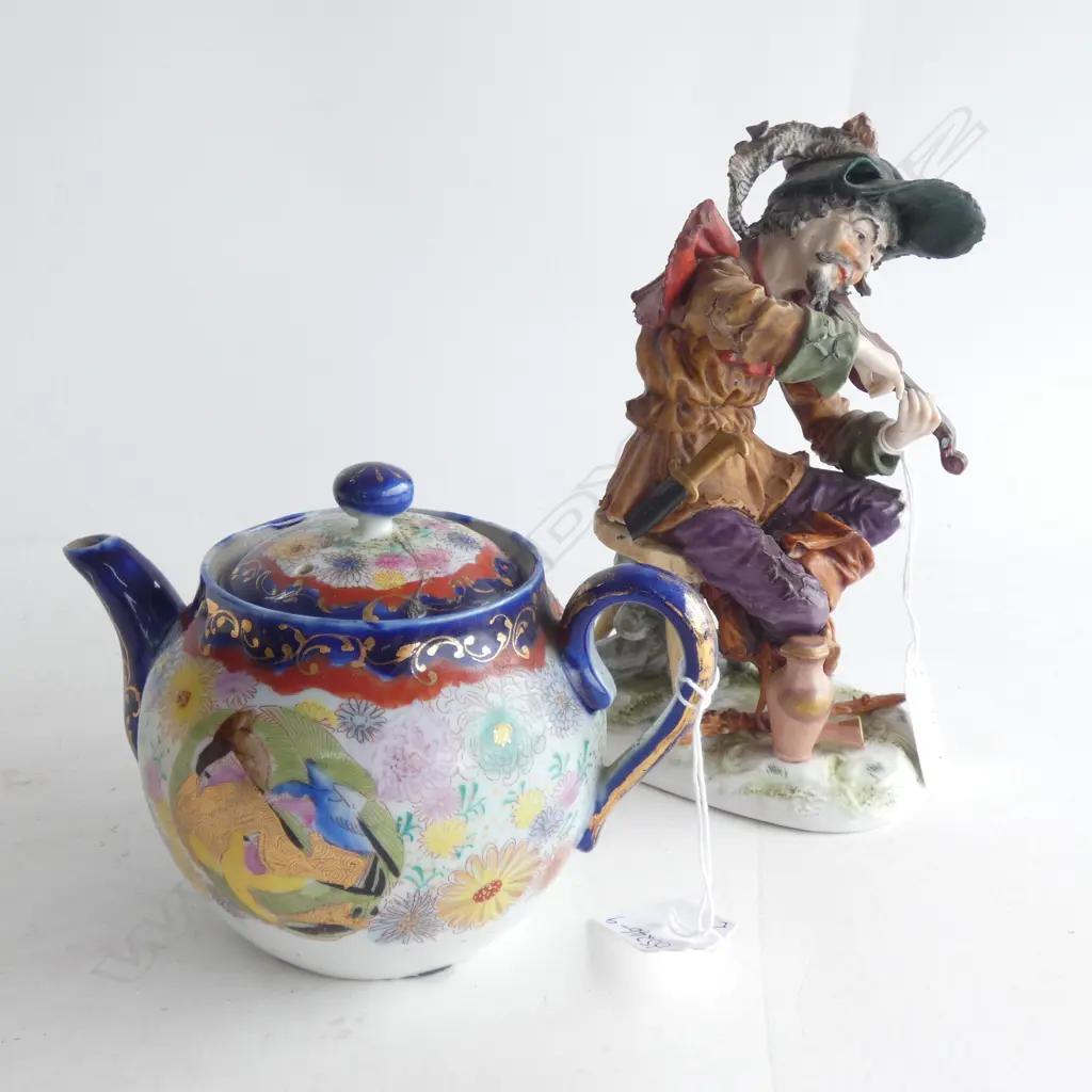 EARLY 1900'S ORIENTAL TEAPOT  (LID HAS REPAIR) (L 155MM) & CAPODIMONTE VIOLIN PLAYER (MISSING BOW) (H. 190MM) Image 1++