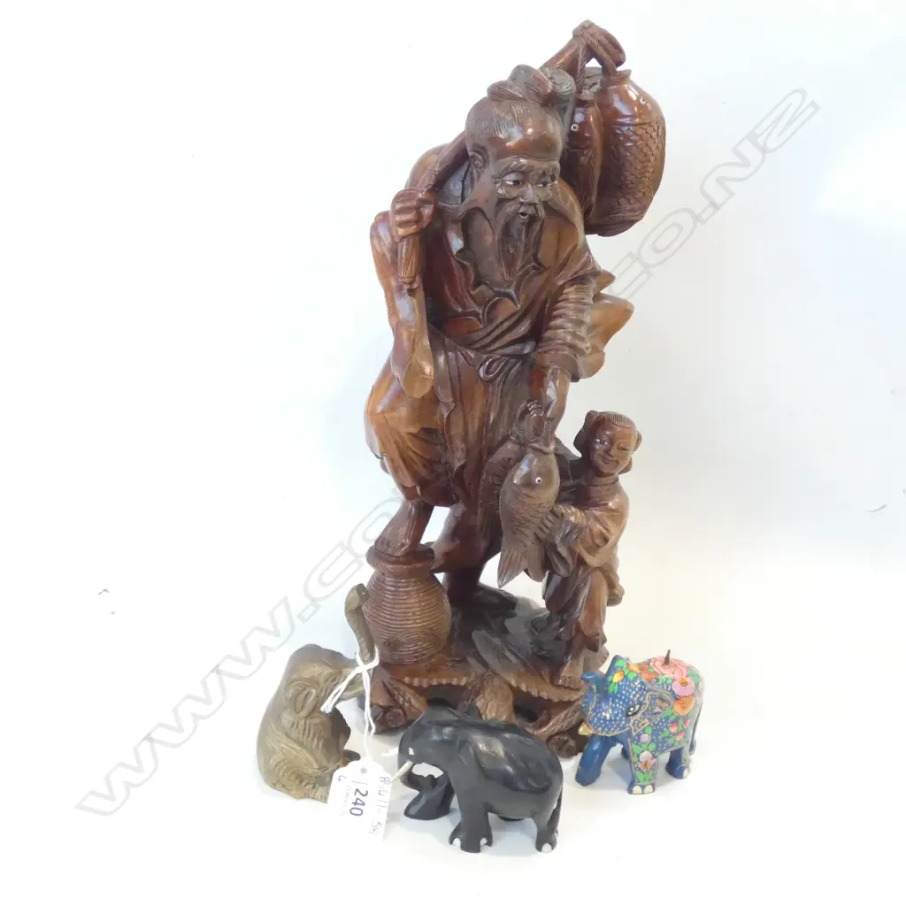 WOODEN CARVED ORIENTAL FISHERMAN & BOY H 320MM A/F + 3 ELEPHANTS; WOOD /BRASS & ENAMEL L 90MM Image 1++