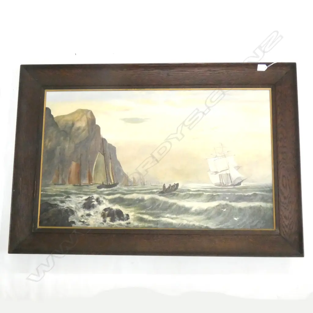 LATE 19thC OIL ON CANVAS, FISHING FLEET DEPARTING & A DORY PULLING OFF TO A SCHOOONER (POSSIBLY NEWFOUNDLAND) 540x890mm Image 1++