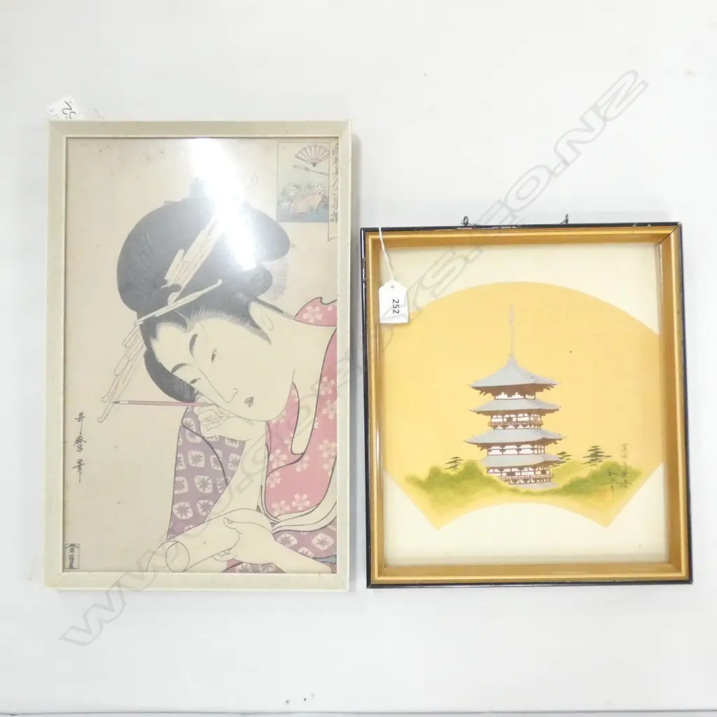 2 JAPANESE PRINTS; LADY & PAGODA 265x235mm Image 1++