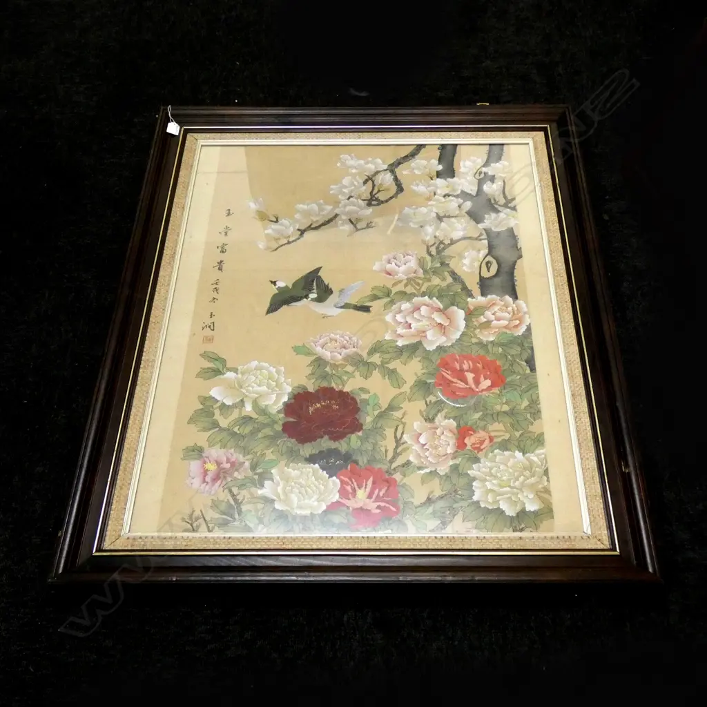 ORIENTAL FLORAL W/C ON FABRIC 910x670mm Image 1++