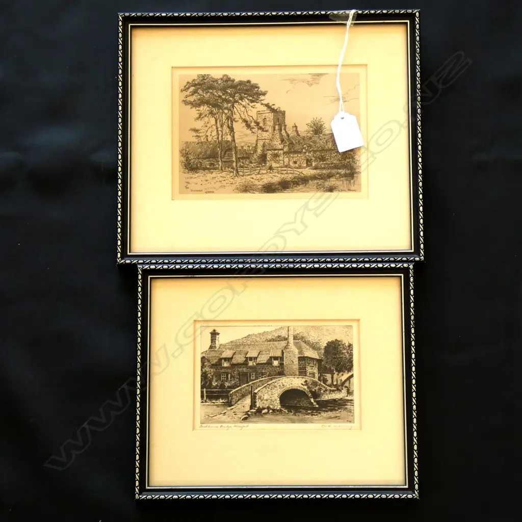 PR OLD FRAMED SIGNED LITHOGRAPHS 'VILLAGE GREEN' & 'PARKHOUSE BRIDGE'  180 X 125MM Image 1++
