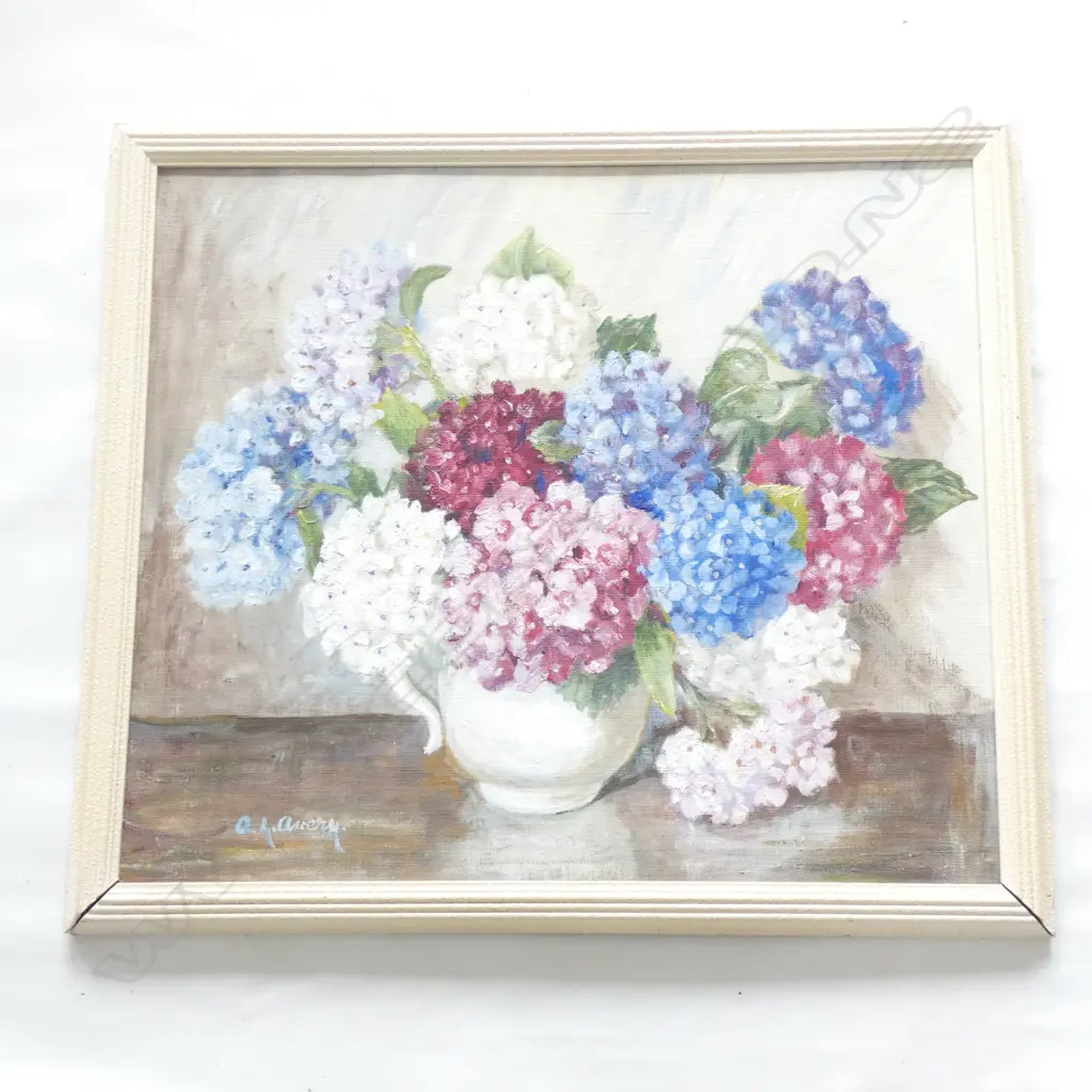 A. AVERY FLORAL STILL LIFE WITH HYDRANGEAS OIL ON BOARD SIGNED 510 X 590 MM Image 1++
