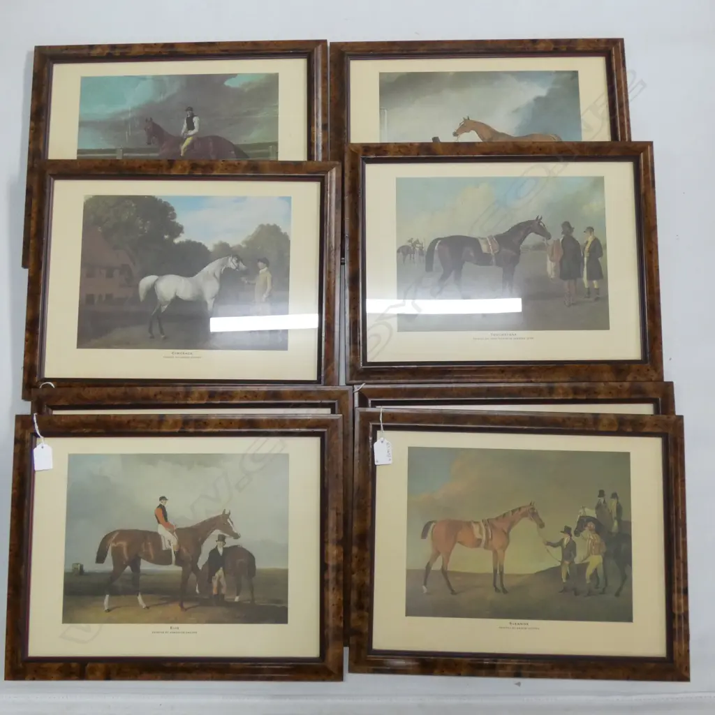 8 19thC HORSE RACING PRINTS IN FAUX BIRDS EYE FRAMES 225x305mm Image 1++