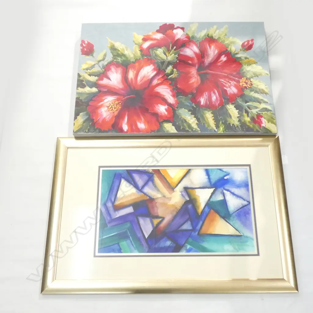 2 BETH HANSEN ARTWORKS; RED HIBISCUS & ABSTRACT W/C 530x295mm Image 1++