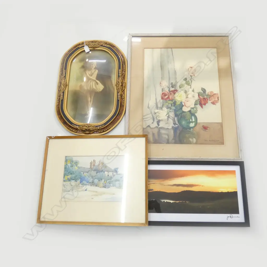 4 ARTWORKS; JEAN MCKAY ROSES STILL LIFE W/C 560x410mm, SUNSET PRINT, BALLERINA, W/C Image 1++