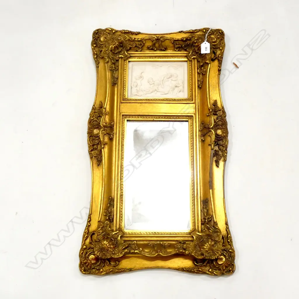 GILT FRAMED WALL MIRROR WITH BISQUE CHERUB INSET 380 X 680MM Image 1++