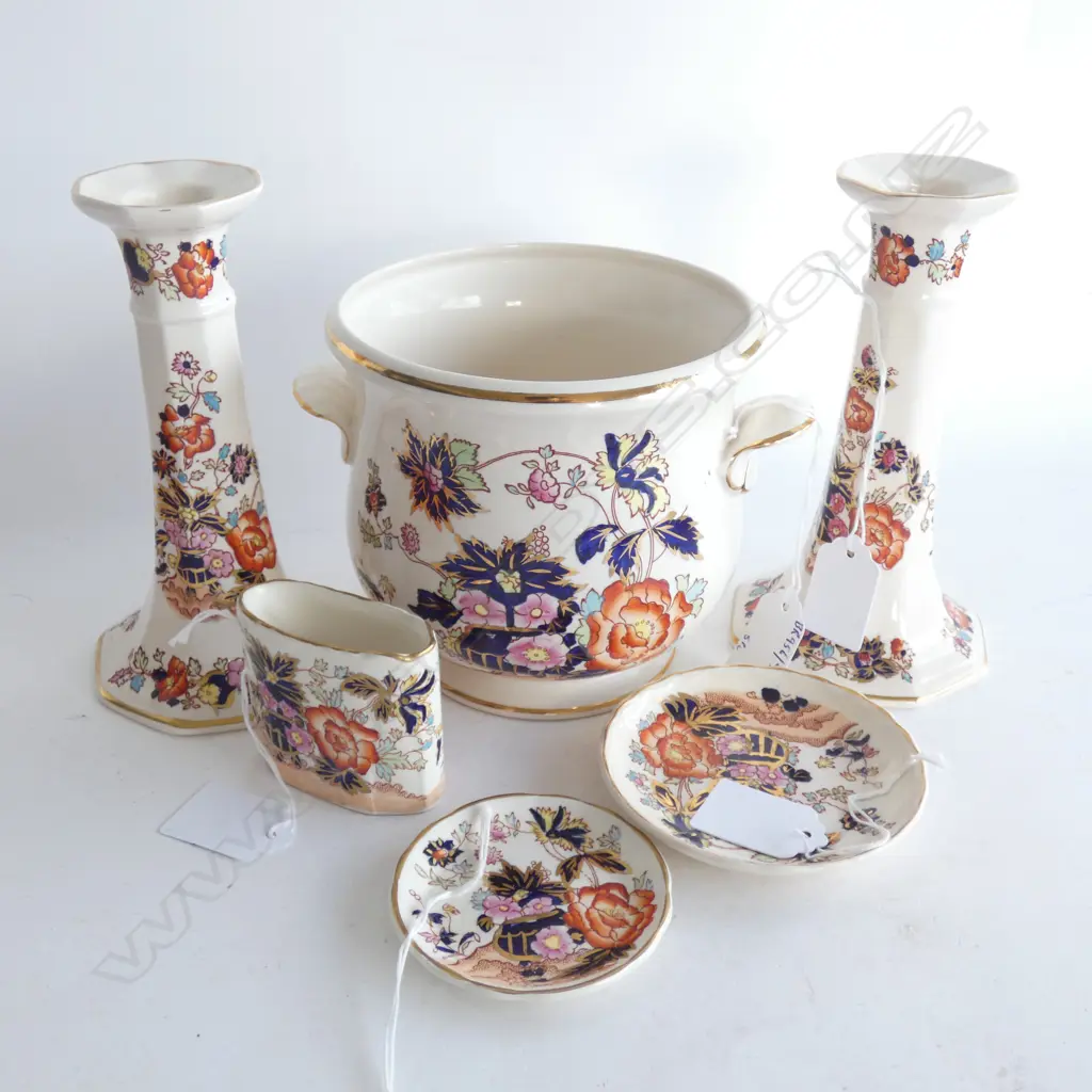 MASON IRONSTONE PR CANDLSTICKS JARDINEER & 3 SMALL PCS MANDIRIN PAT Image 1++