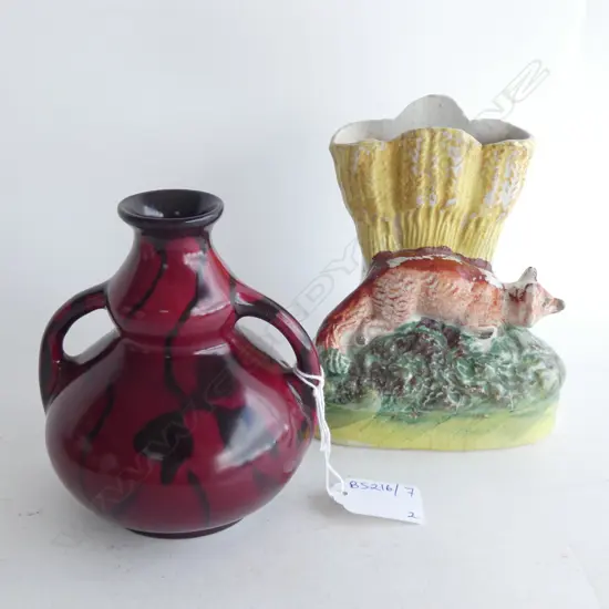 2 VASES; REGINA FLAMBE GOUDA + STAFFORDSHIRE FOX & WHEAT H.140mm