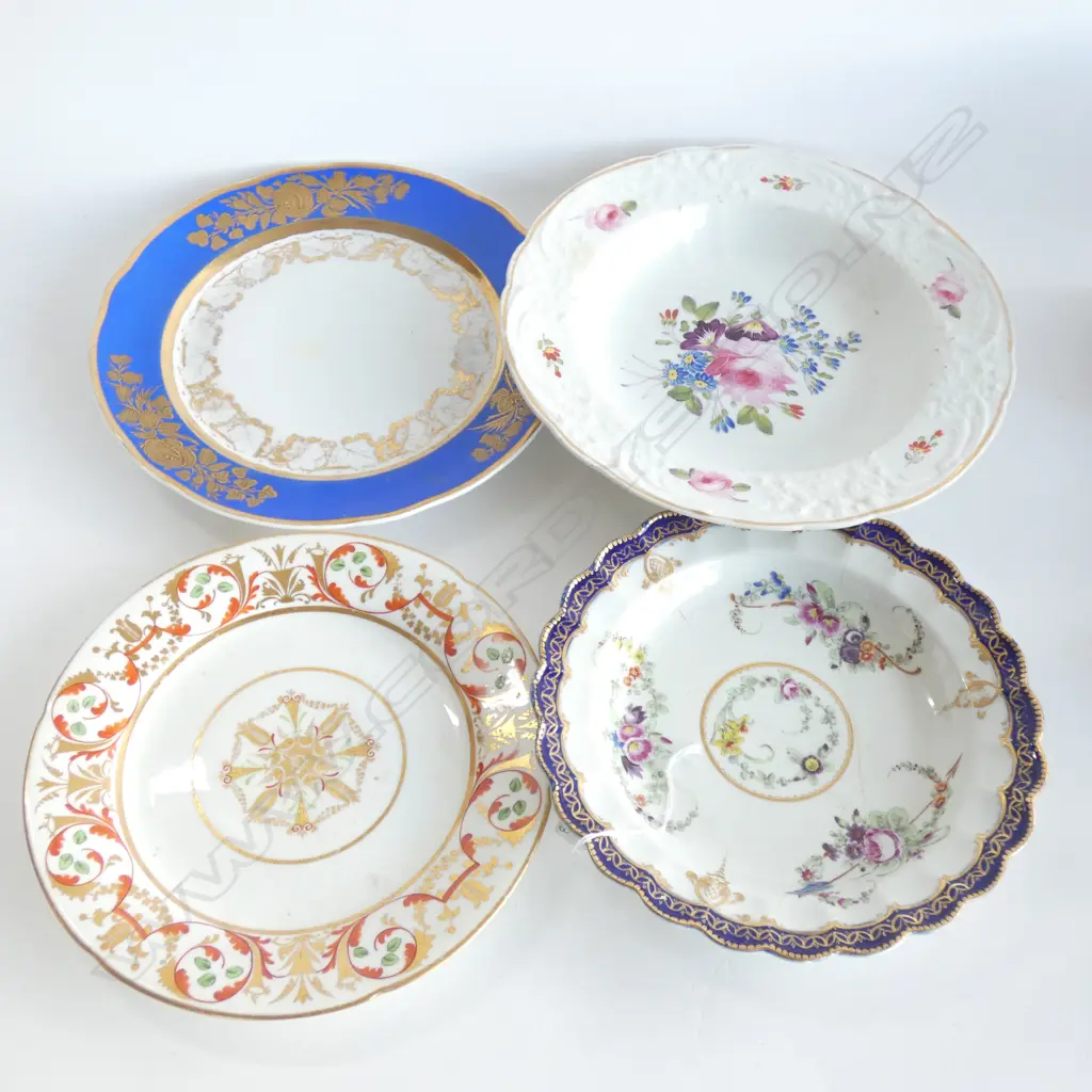 4 ANTIQUE PLATES; DAVENPORT / COALPORT FELSPAR / DERBY & CAUGHLEY - C 1700 & 1800'S SOME A/F Image 1++