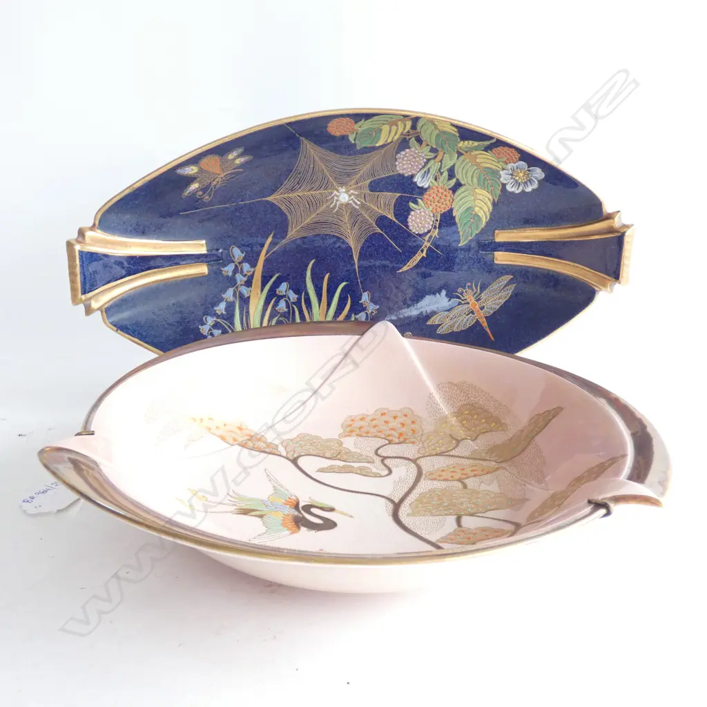 2 PCES CARLTON WARE; PEACH & GILT w. HERON & TREE / BLUE DISH (SMALL CHIP) L320mm Image 1++