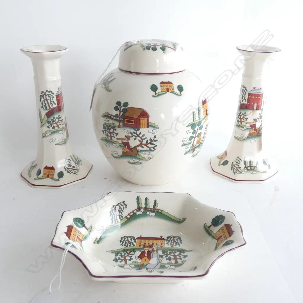 MASON IRONSTONE LIDDED GINGER JAR PR CANDLESTICKS & DISH COUNTRY LANE PAT Image 1++