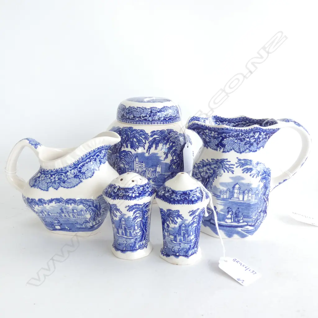 MASON IRONSTONE LIDDED GINGER JAR 2 JUGS & SALT PEPPER BLUE VISTA PAT Image 1++