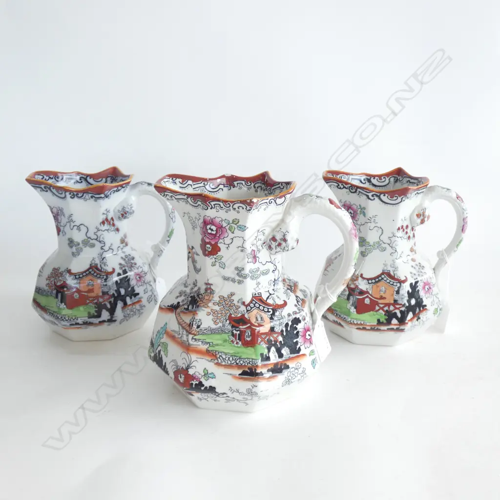 MASON IRONSTONE 3 ANTIQUE OCTAGANAL JUGS ORIENTAL PAT Image 1++