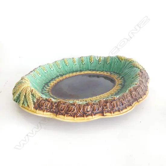 19THC MAJOLICA BREAD PLATE 'GIVE US...' REPAIR. L.340mm