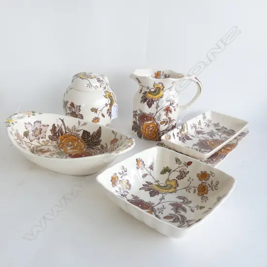 MASON IRONSTONE LIDDED GINGER JAR JUG & 4 DISHES CHANTILLY PAT