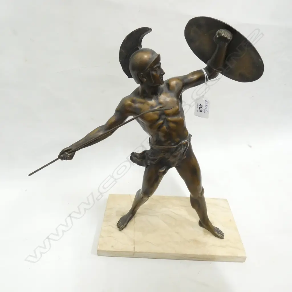 BRONZED ROMAN WARRIOR FIGURE ON MARBLE BASE A/F H390 MM Image 1++