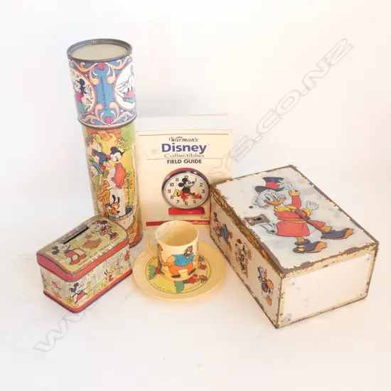 5 MAINLY VINTAGE DISNEY PCES. TIN MONEY BOX....