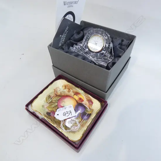 WATERFORD CRYSTAL COTTAGE CLOCK L. 100MM + AYNSLEY AUTUMN FRUITS DISH L105MM BOTH IN ORIGINAL BOXES