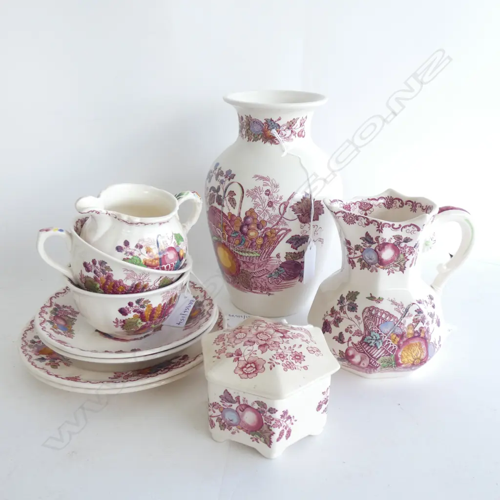 MASON IRONSTONE VASE 2 JUGS LIDDED JAR & 2 CSPS FRUIT BASKET PAT Image 1++