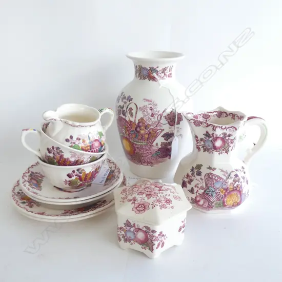 MASON IRONSTONE VASE 2 JUGS LIDDED JAR & 2 CSPS FRUIT BASKET PAT
