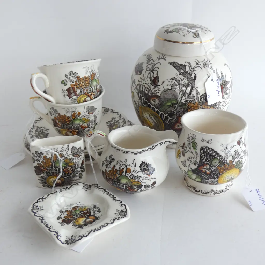 MASON IRONSTONE LIDDED GINGER JAR 2 C/S & 4PCS FRUIT BASKET PAT Image 1++