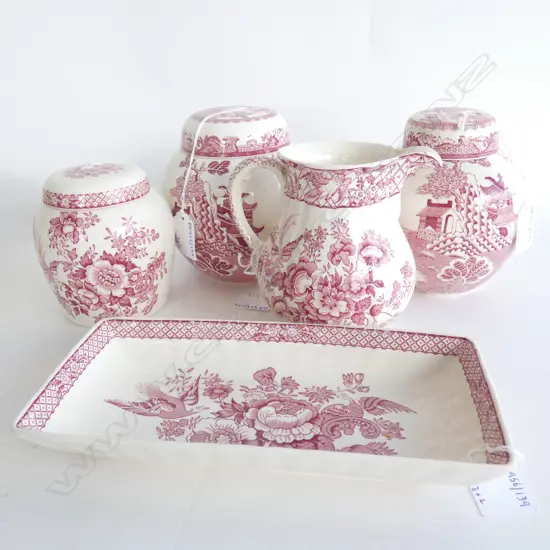 MASON IRONSTONE 3 LIDDED GINGER JARS JUG & DISH RED WILLOW ETC