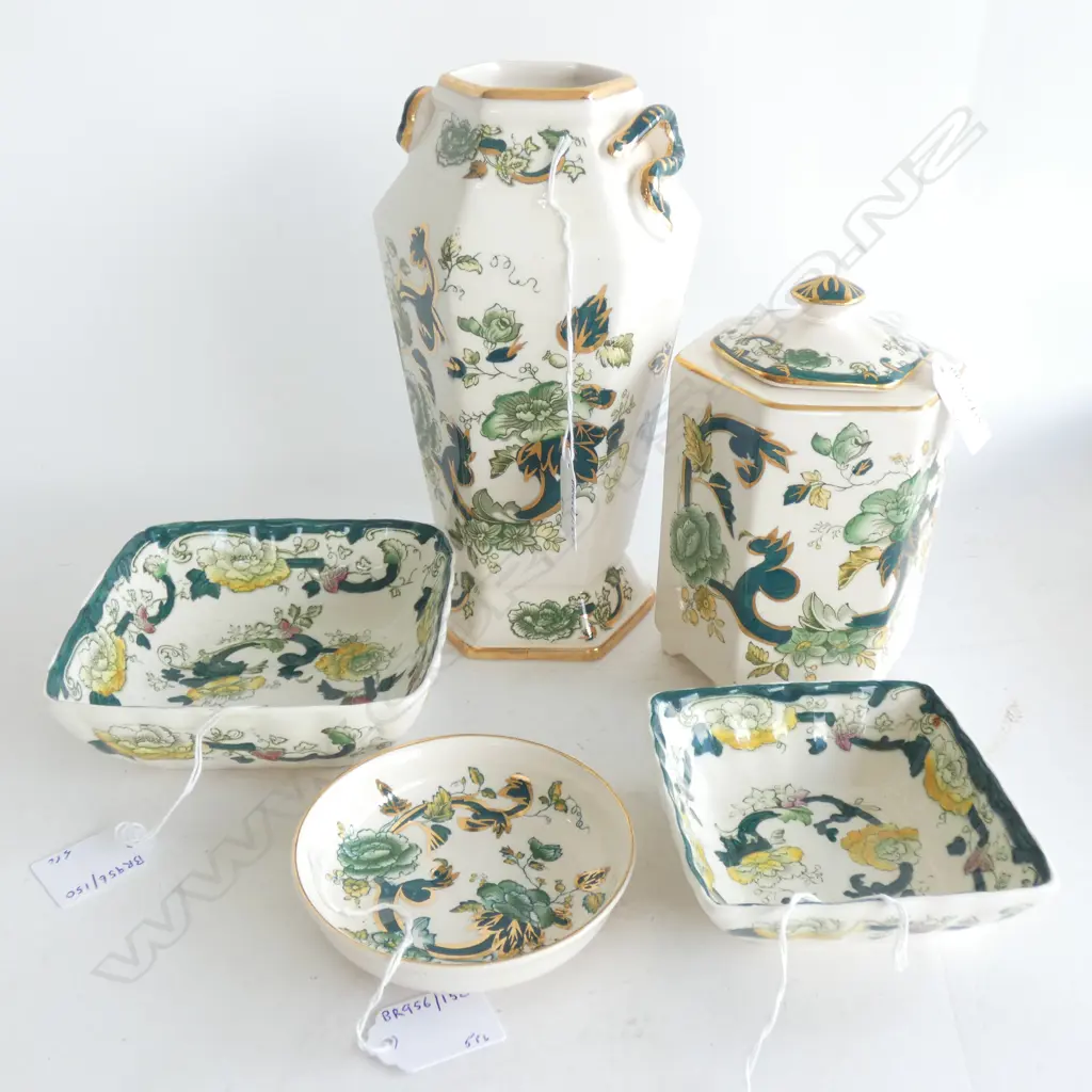 MASON IRONSTONE LIDDED JAR VASE & 3 DISHES CHARTRUSE PAT Image 1++