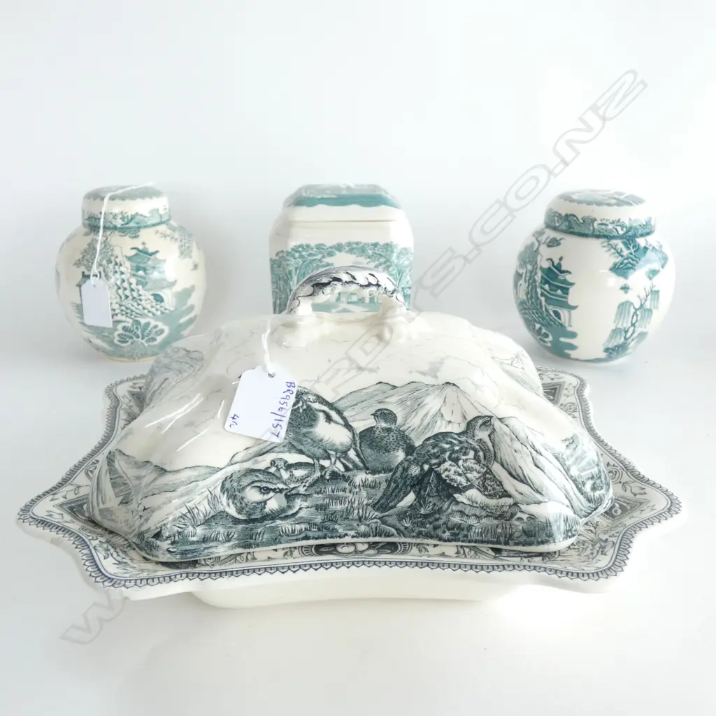 MASON IRONSTONE LIDDED TURREEN & 3 LIDDED JARS GREEN Image 1++