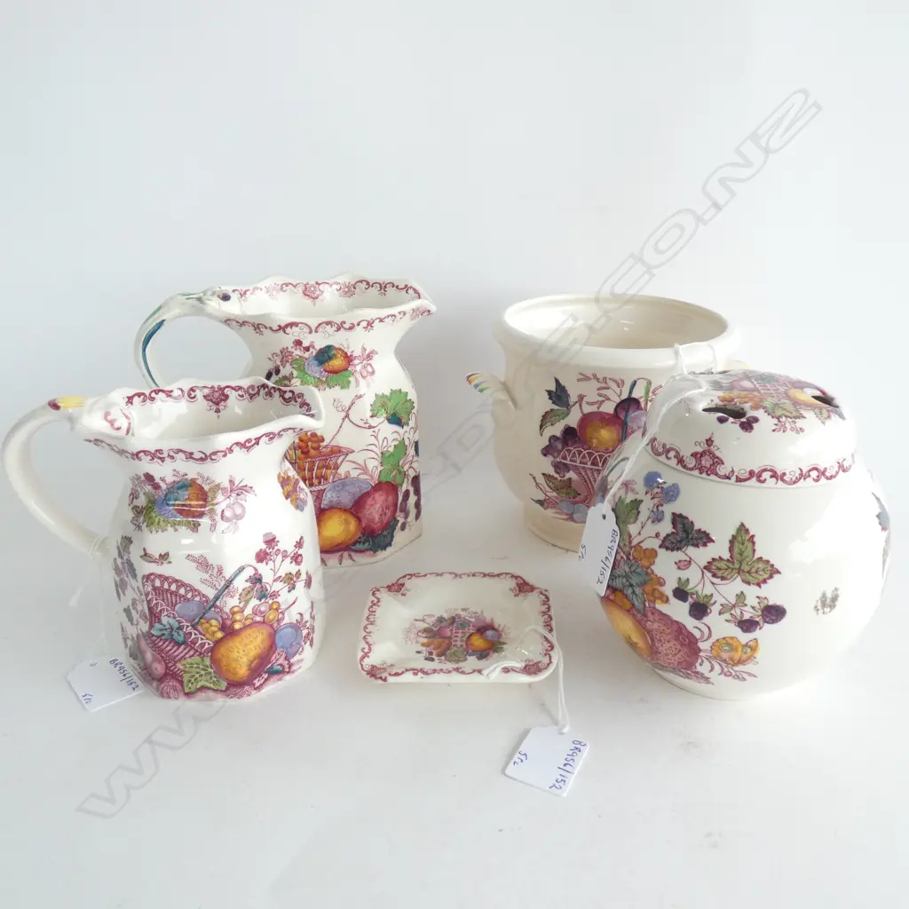 MASON IRONSTONE 2 JUGS LIDDED POT PURRI VASE & ASHTRAY FRUIT BASKET PAT Image 1++