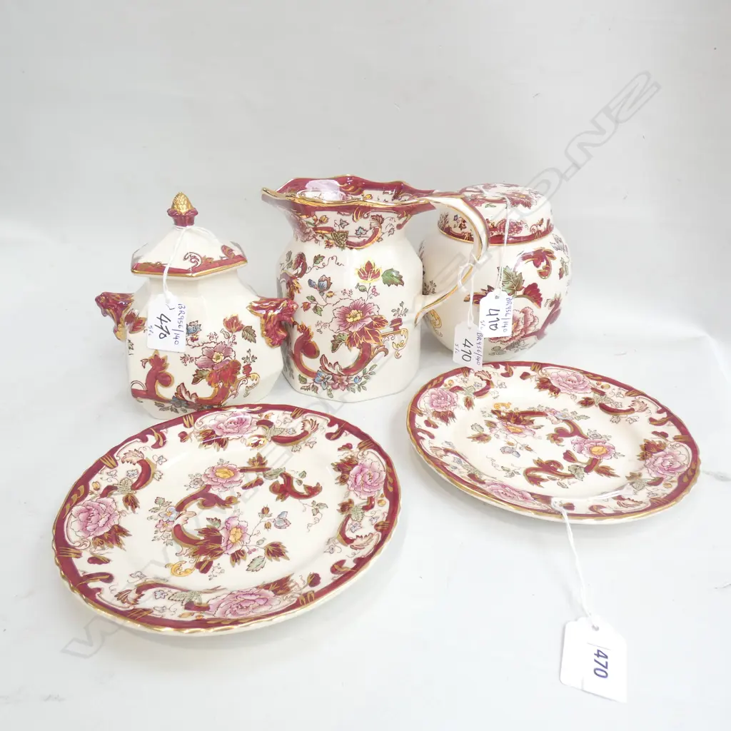 MASON IRONSTONE LIDDED GINGER JAR LIDDED JAR JUG & 2 PLATES RED MANDALAY PAT Image 1++
