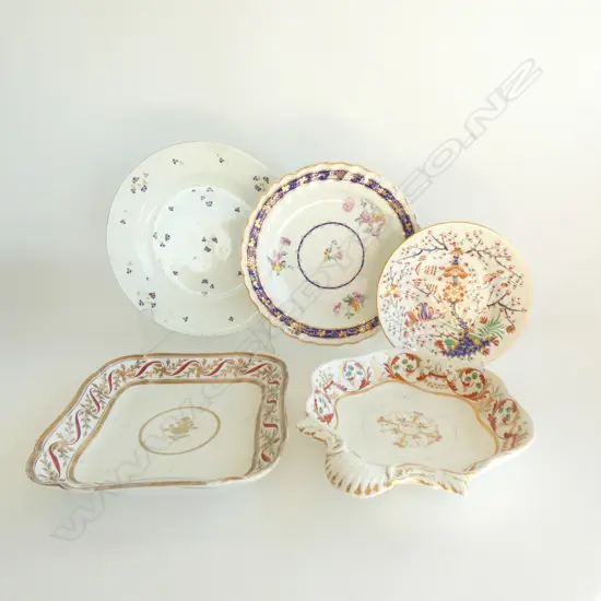 3 ANTIQUE DERBY PLATES 250mm dia + 2 COALPORT DISHES