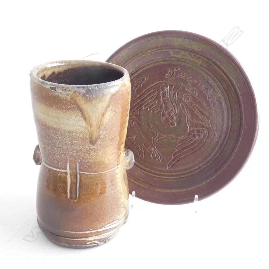 SALT GLAZED WAISTED VASE H.175mm + PLATE w. BIRD DESIGN (BOTH STAMPED) Image 1++