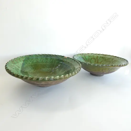 PR LARGE GREEN GLAZED TERRACOTTA BOWLS 370mm dia one A/F chips