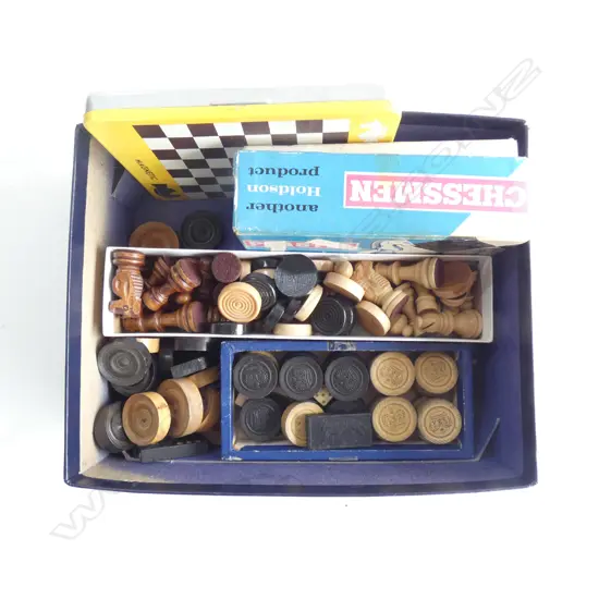 BOX OF WOODEN GAME PIECES; CHESS, DOMINOES, ETC