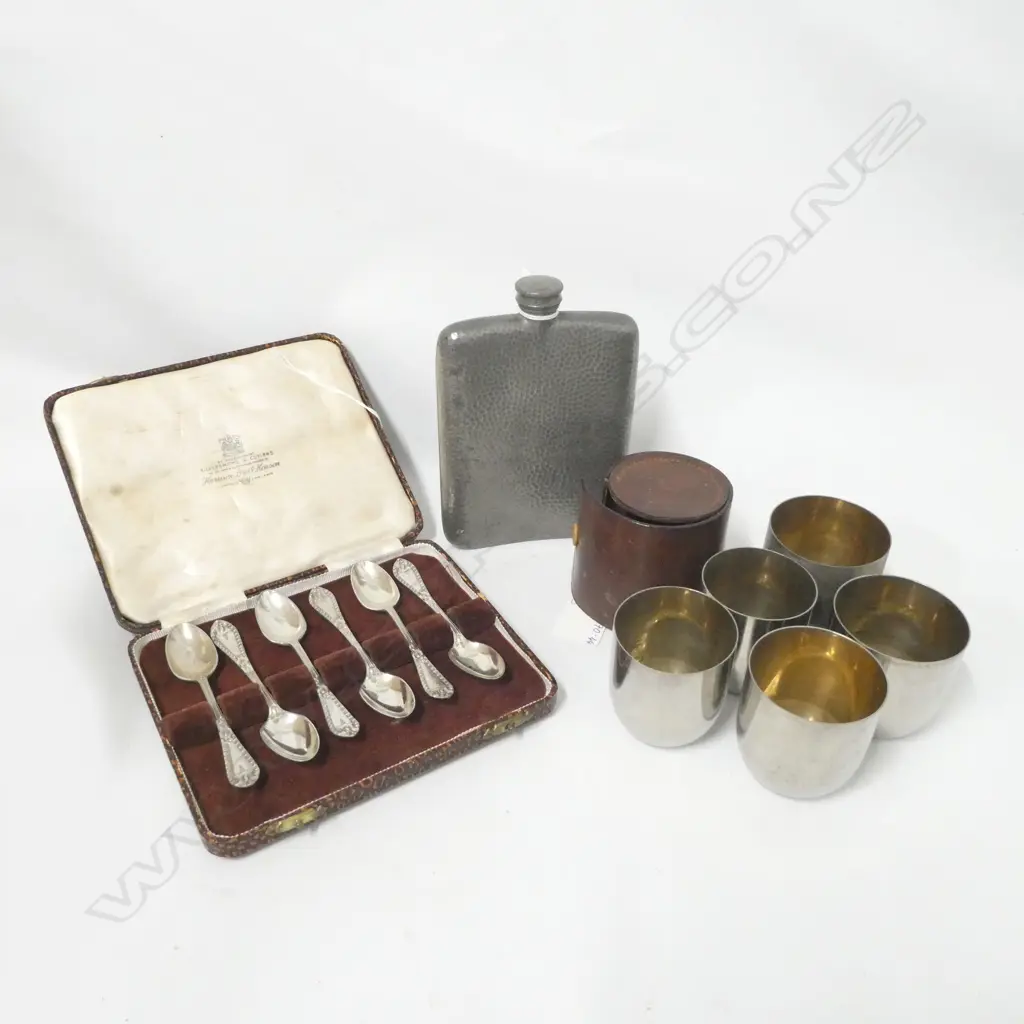 OLD PEWTER HIP FLASK /5 CASED TRAVELLING CUPS / CASED COFFEE SPOONS Image 1++