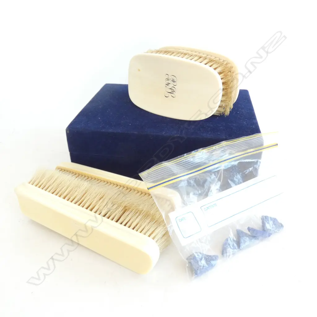 2 PR IVORY BACKED BRUSHES + BAG 5 LAPUS LAZULI STONES  Image 1++