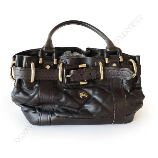 AUTHENTIC BURBERRY DARK BROWN LEATHER HANDBAG, W. 330MM