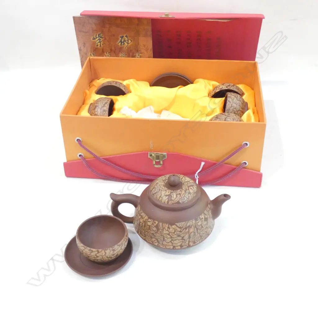 YIXING POTTERY TEA SET IN ORIGINAL BOX WITH CERTIFICATE Image 1++